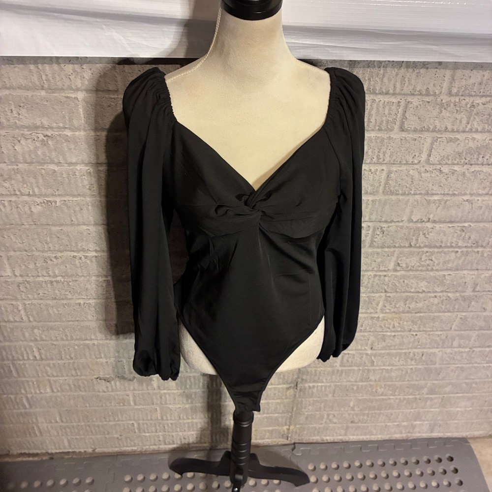 Zeagoo Womens Black Long Sleeve Twisted Bust Sweetheart Neckline Bodysuit XL NWT